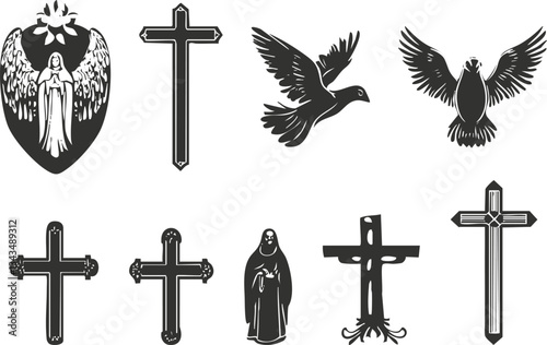 Religious symbols: crosses, angel, dove, eagle, religious figures in black and white