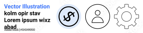 Dollar representing finance, person avatar denoting user, and gear symbolizing settings or process. Ideal for finance, user interface, business concepts, management, services, team workflow simple