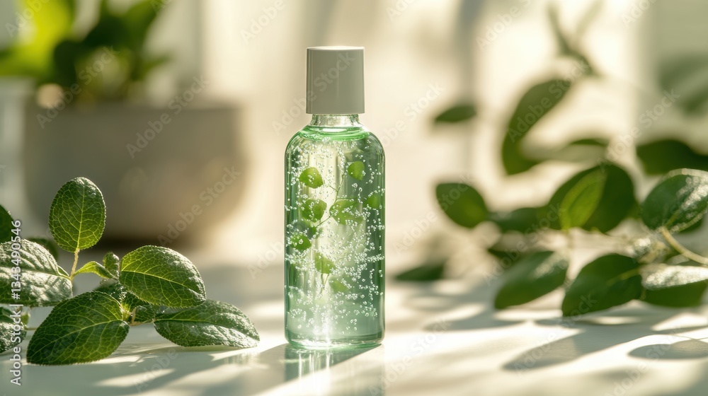 A bottle of shimmering green liquid serum, its surface adorned with delicate green leaves, lay on a pristine white surface, exuding an aura of natural beauty and tranquility. A bottle of shimmering green liquid serum, its surface adorned with delicate green leaves, lay on a pristine white surface, exuding an aura of natural beauty and tranquility.