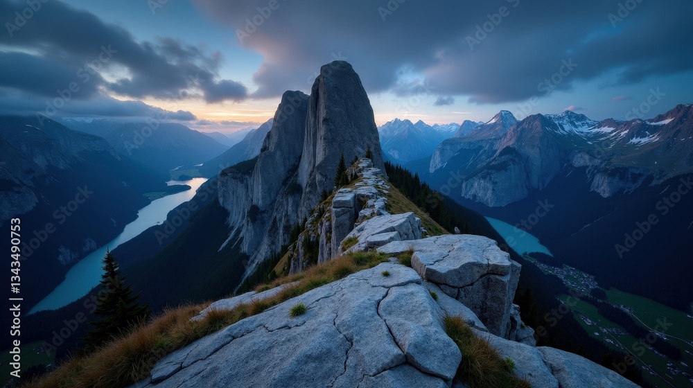 Obraz premium Creux du Van in Switzerland on a clear night, viewed from above. A breathtaking aerial view of moonlit cliffs, with starlight reflecting off the valley’s rocky formations.