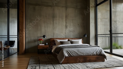 Concrete walls and a metal bed frame characterize this contemporary industrial-style bedroom.  A geometric rug and warm wood tones highlight the area.
