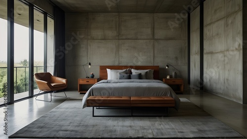 Concrete walls and a metal bed frame characterize this contemporary industrial-style bedroom.  A geometric rug and warm wood tones highlight the area.