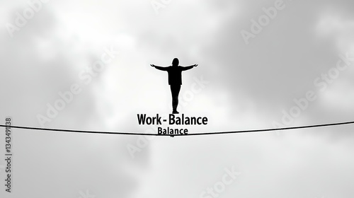 A simple black and white illustration of a person balancing on a tightrope labeled 