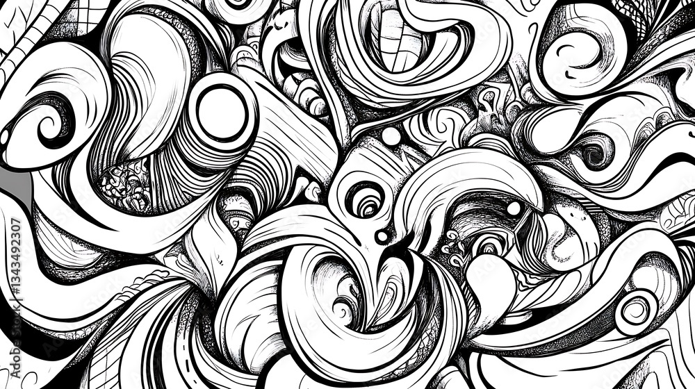 Abstract black-and-white doodle illustrating the concept of overthinking, filled with intricate tangled lines Abstract black-and-white doodle illustrating the concept of overthinking, filled with intricate tangled lines