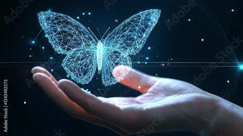 human hold palm butterfly hologram digital low poly wireframe ai generated video concept
