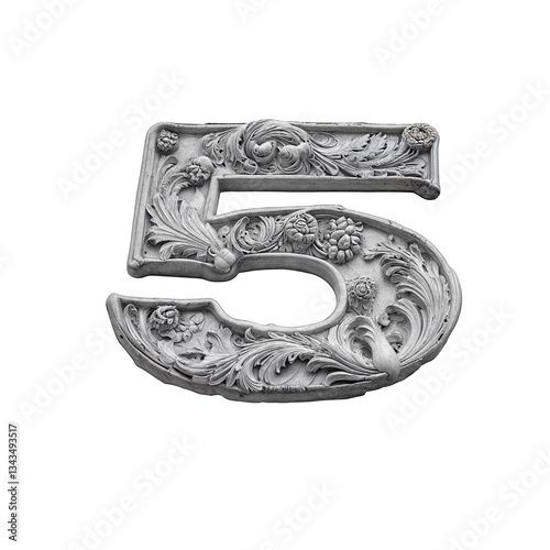 Ornate bas-relief number 5 with intricate floral carvings, sculpted in stone-like material. Its baroque details and grayscale tones create a luxurious, three-dimensional, artistic masterpiece