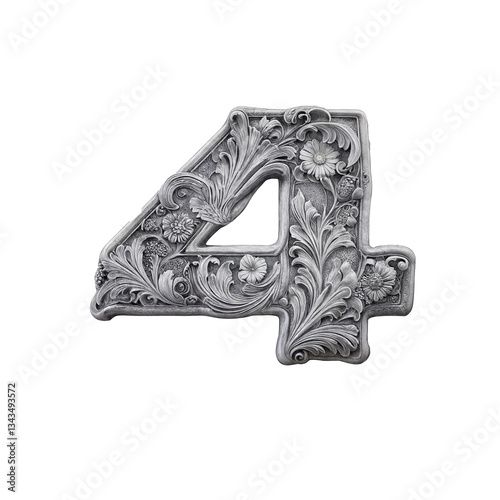 Ornate bas-relief number 4 with intricate floral carvings, sculpted in stone-like material. Its baroque details and grayscale tones create a luxurious, three-dimensional, artistic masterpiece