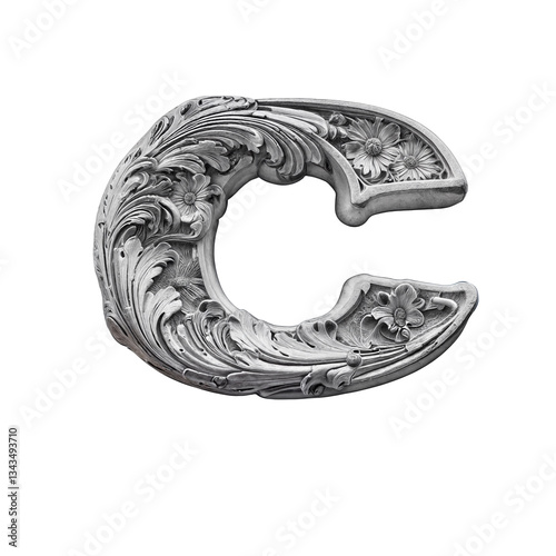 Ornate bas-relief letter C with intricate floral carvings, sculpted in stone-like material. Its baroque details and grayscale tones create a luxurious, three-dimensional, artistic masterpiece