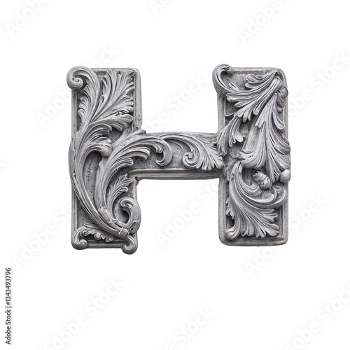 Ornate bas-relief letter H with intricate floral carvings, sculpted in stone-like material. Its baroque details and grayscale tones create a luxurious, three-dimensional, artistic masterpiece