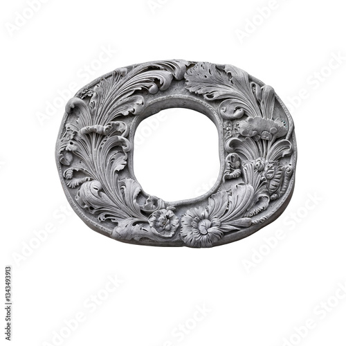 Ornate bas-relief letter O with intricate floral carvings, sculpted in stone-like material. Its baroque details and grayscale tones create a luxurious, three-dimensional, artistic masterpiece