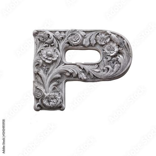 Ornate bas-relief letter P with intricate floral carvings, sculpted in stone-like material. Its baroque details and grayscale tones create a luxurious, three-dimensional, artistic masterpiece