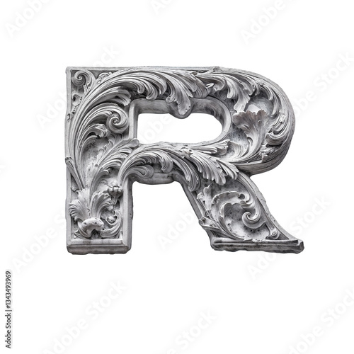 Ornate bas-relief letter R with intricate floral carvings, sculpted in stone-like material. Its baroque details and grayscale tones create a luxurious, three-dimensional, artistic masterpiece