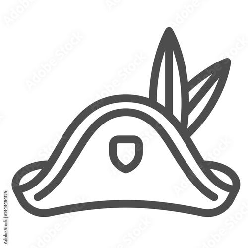 Pirate hat with feather line icon, sea sailor headwear concept. Vector graphics. Bandit man cap sign on white background, outline style icon for mobile or web design.