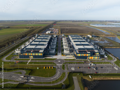 Obraz na plátně Aerial drone views of a supercomputer data center, artificial intelligence, and internet infrastructure in the Netherlands