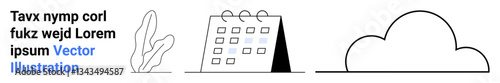 Black-and-white calendar beside cloud and plant elements for planning, scheduling, and time management. Ideal for productivity apps, organization tools, calendaring, nature-themed designs, task