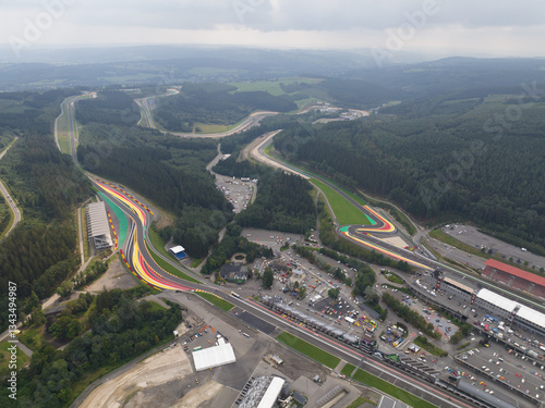 aerial drone video Circuit de Spa Francorchamps, race track circuit in the Belgium ardennes, Stavelot.