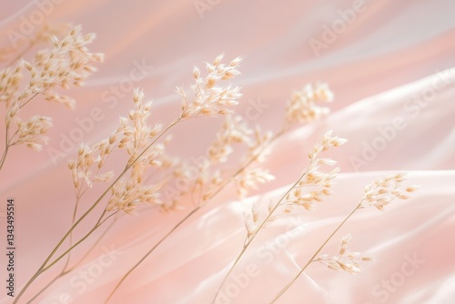 Delicate ornamental grasses against a soft pink fabric backdrop