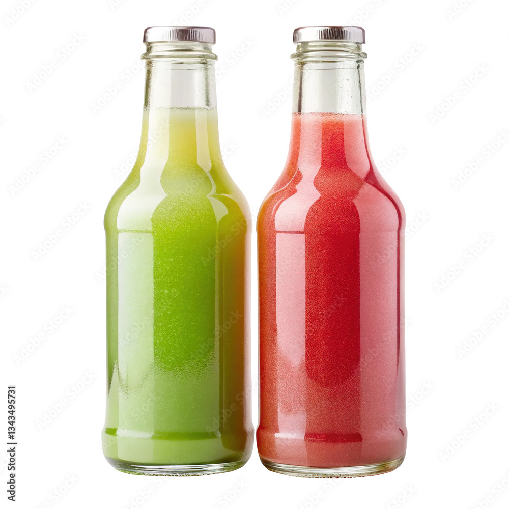 Two Bottles of Refreshing daiquiri Green and Red Juices in Glass Bottles Two Bottles of Refreshing daiquiri Green and Red Juices in Glass Bottles