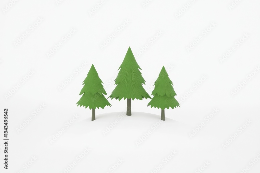 Fototapeta premium Three stylized pine trees on a plain white background. Simple, low-poly design