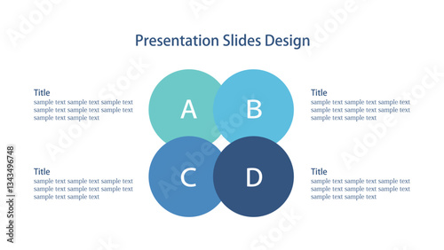 4つの重なった丸い要素のインフォグラフィックス 16:9のスライドのテンプレート