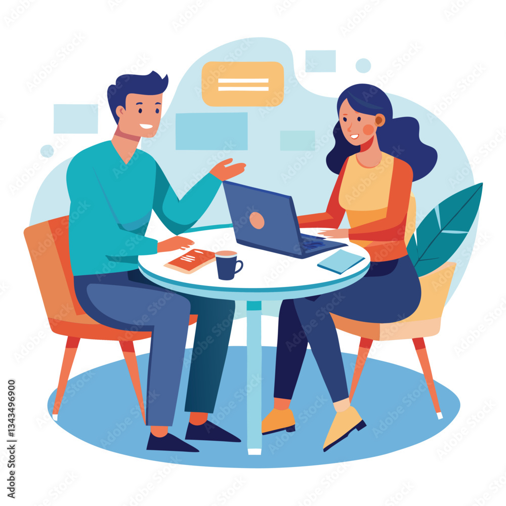 Partners meeting for business discussion with documents and laptop on desk. Couple at round table, speaking, discussing work, partnership. Flat vector illustration isolated on white background Partners meeting for business discussion with documents and laptop on desk. Couple at round table, speaking, discussing work, partnership. Flat vector illustration isolated on white background