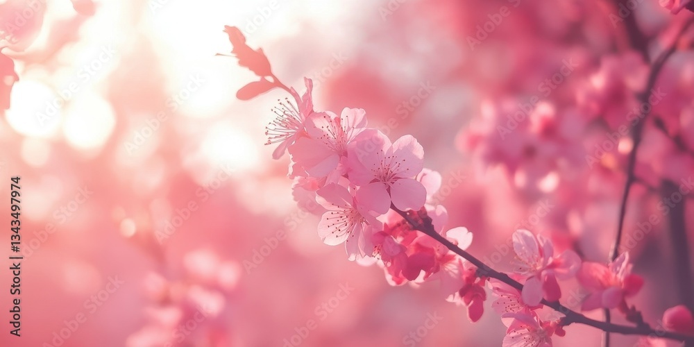 Delicate pink flowering tree branch illuminated with soft warm sunlight Delicate pink flowering tree branch illuminated with soft warm sunlight