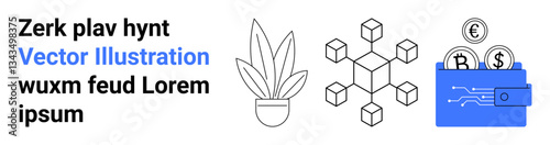 Potted plant, blockchain cubes, and digital wallet with coins. Ideal for technology, finance, cryptocurrency, blockchain, sustainability fintech and eco-friendly themes. Flat landing page banner