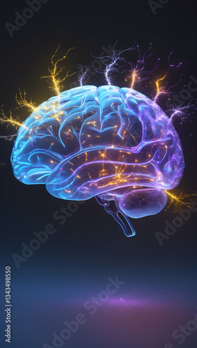 Manifest A luminescent, transparent human brain, with glowing, iridescent hues of blue and purple