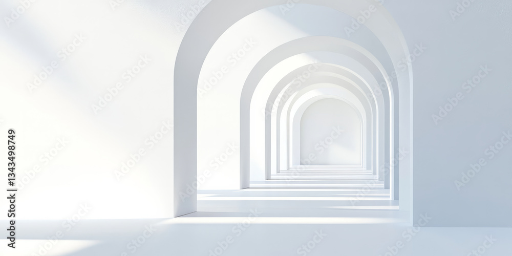 Fototapeta premium A minimalist 3D background displaying an elegantly curved glass archway casting soft shadows on a pristine white floor. The clean, futuristic design enhances the modern, sleek aesthetic perfect for