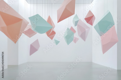 A minimalistic 3D background of a modern abstract art installation. The scene features large, floating geometric shapes in soft pastel tones, suspended in a vast white room with clean, sleek lighting.