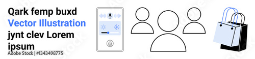 Smart home device, outlines of three individuals, and shopping bags representing teamwork, communication, technology, retail, smart living, commerce and consumer trends. Ideal for digital platforms