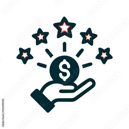 Financial success hand with money and stars icon in dark blue and red