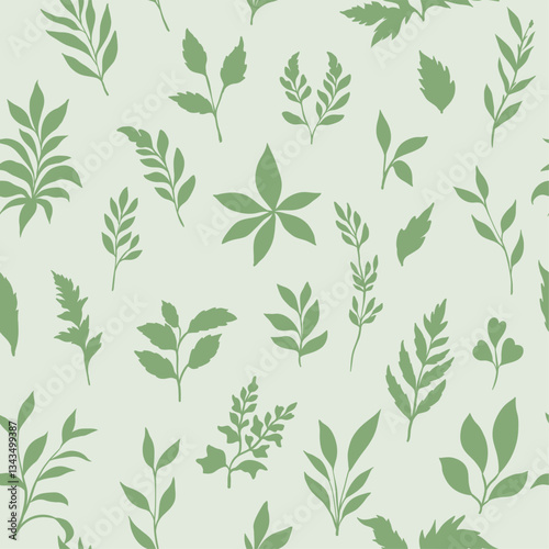 A seamless vector pattern with various green leaves in silhouette art style, creating a fresh and natural botanical design