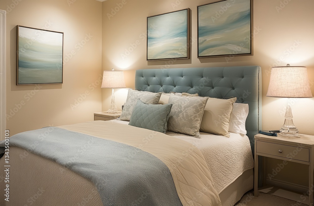 A simple and elegant bedroom with an abstract blue headboard, two wall paintings in the background