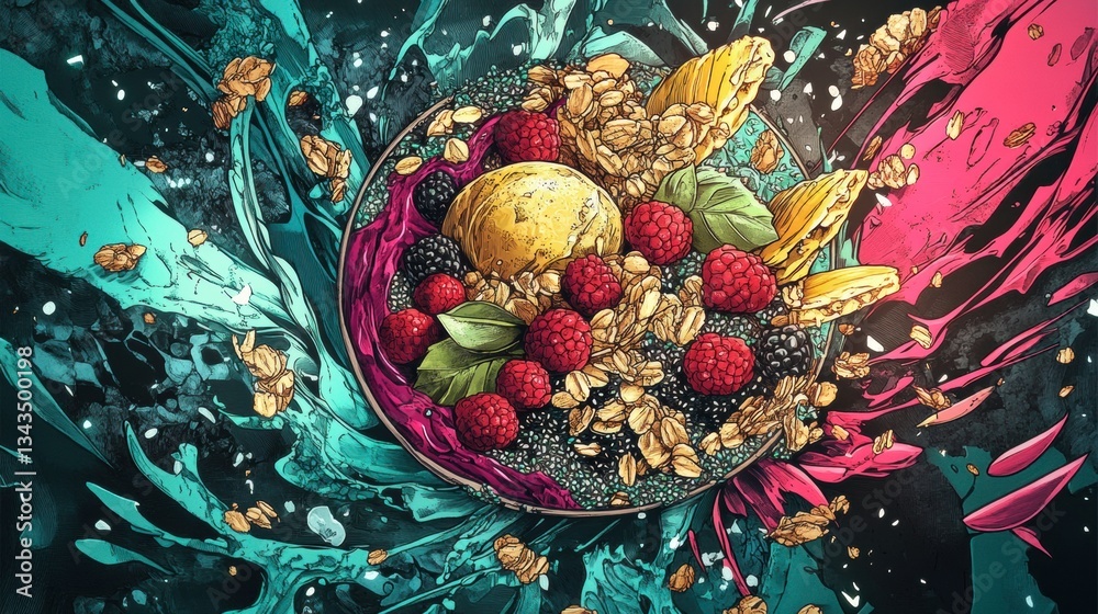 Naklejka premium A top-down shot of a vibrant smoothie bowl with granola, fresh berries, and chia seeds