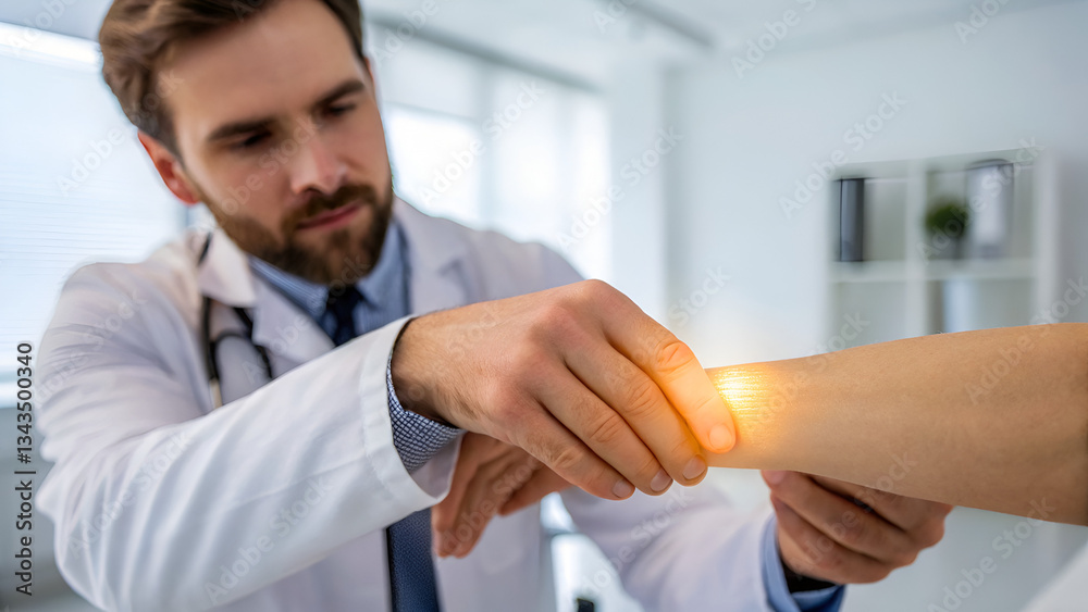 Obraz premium nerve stimulation therapy neurology electrotherapy pain relief A doctor examining a patient's arm with a focused expression in a bright medical setting.