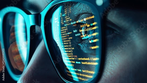 Close up of programmer person face focuses on glasses, reflecting vibrant code, digital data. Programming technology. Neon blue light, futuristic atmosphere. Tech developer, creator. Modern world.