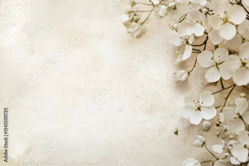 Delicate white blossoms adorn a textured surface creating a floral composition