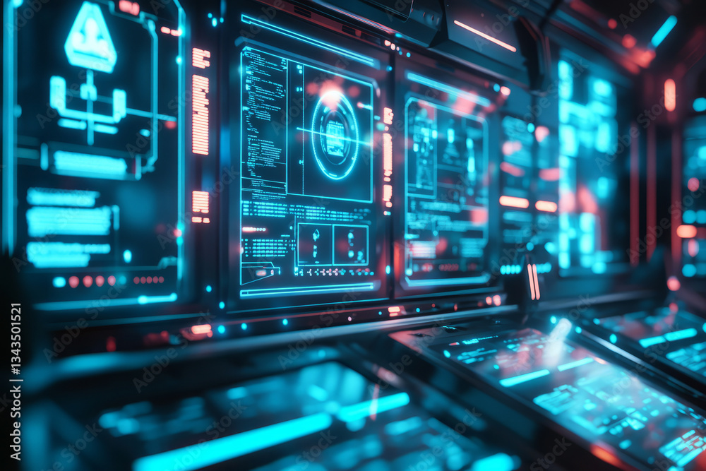 Obraz premium A futuristic 3D background of a sleek AI command center, where holographic interfaces float in mid-air. Data streams in luminous blue ribbons, connecting vast quantum processors that pulse with