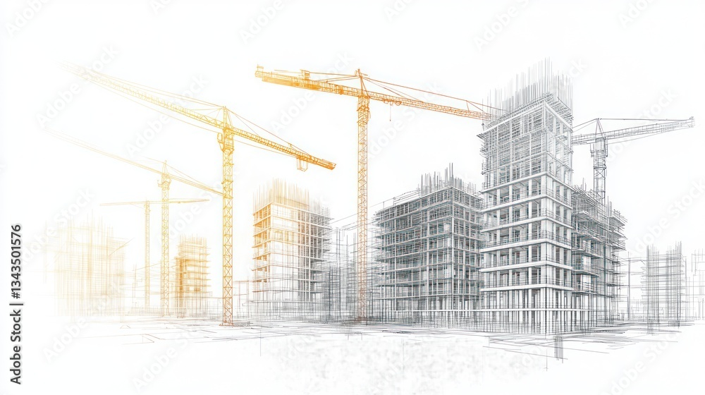 Architectural blueprint of construction site, cranes, city