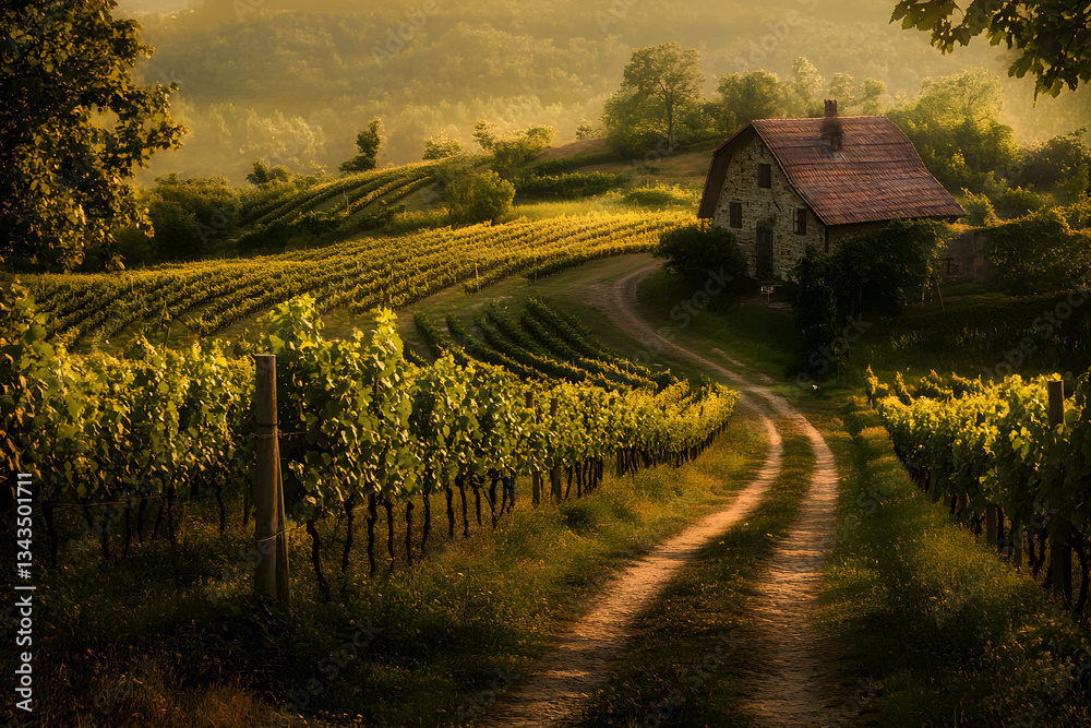 Naklejka premium Sun-Kissed Vineyard: A Serene Landscape of Lush Vines and Ripe Grapes, Perfect for Wine Lovers and Nature Enthusiasts