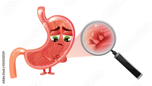 Sad cartoon stomach character with polyps, holding its belly in pain. Concept of stomach disease, gastric polyps, and gastroenterology.