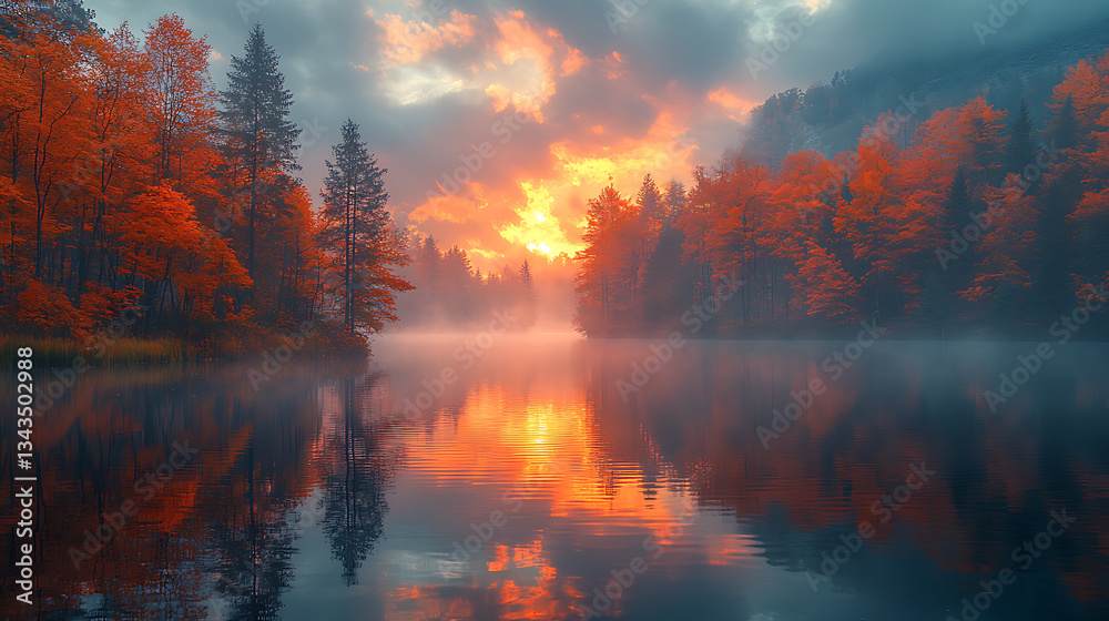 Autumn Colors Reflect on a Calm Lake at Sunrise
Autumn Colors Reflect on a Calm Lake at Sunrise