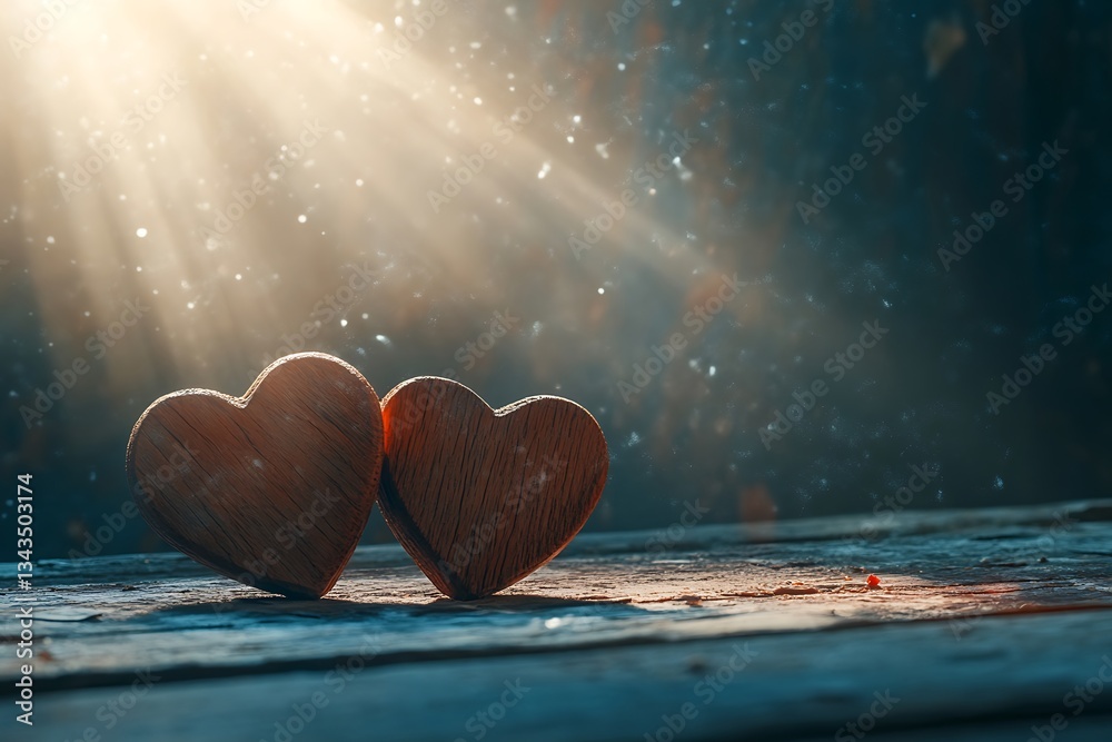 Fototapeta premium Two Wooden Hearts On Rustic Table With Sunlight