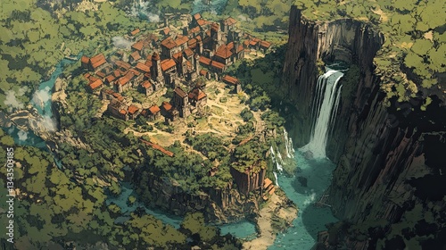 over head aerial view, land scape, top right has a small cave entrance, center has medieval town,Generate AI photo