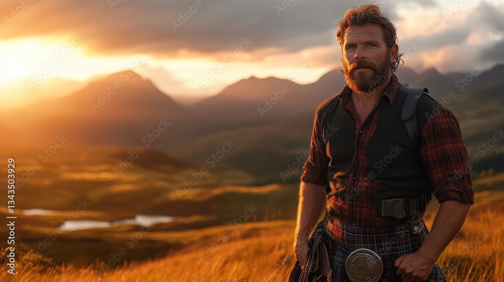 A bold man in traditional Scottish attire stands confidently against a breathtaking sunset, embodying the spirit of adventure and pride in a picturesque natural setting. A bold man in traditional Scottish attire stands confidently against a breathtaking sunset, embodying the spirit of adventure and pride in a picturesque natural setting.