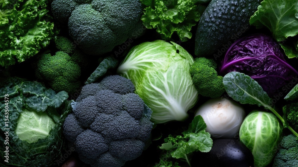 Fresh, vibrant assortment of various leafy green and dark-colored vegetables.