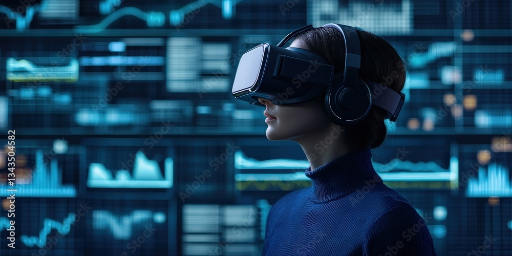 Science performance measurement assessment concept. Immersive virtual reality experience with data visuals in background. Science performance measurement assessment concept. Immersive virtual reality experience with data visuals in background.