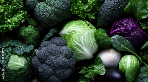 Obraz na płótnie Fresh, vibrant assortment of various leafy green and dark-colored vegetables. w salonie