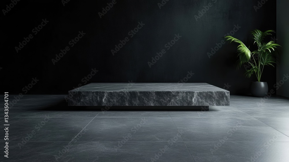 Dark, modern, minimalist, stone platform. Empty stage for product display in a dark room